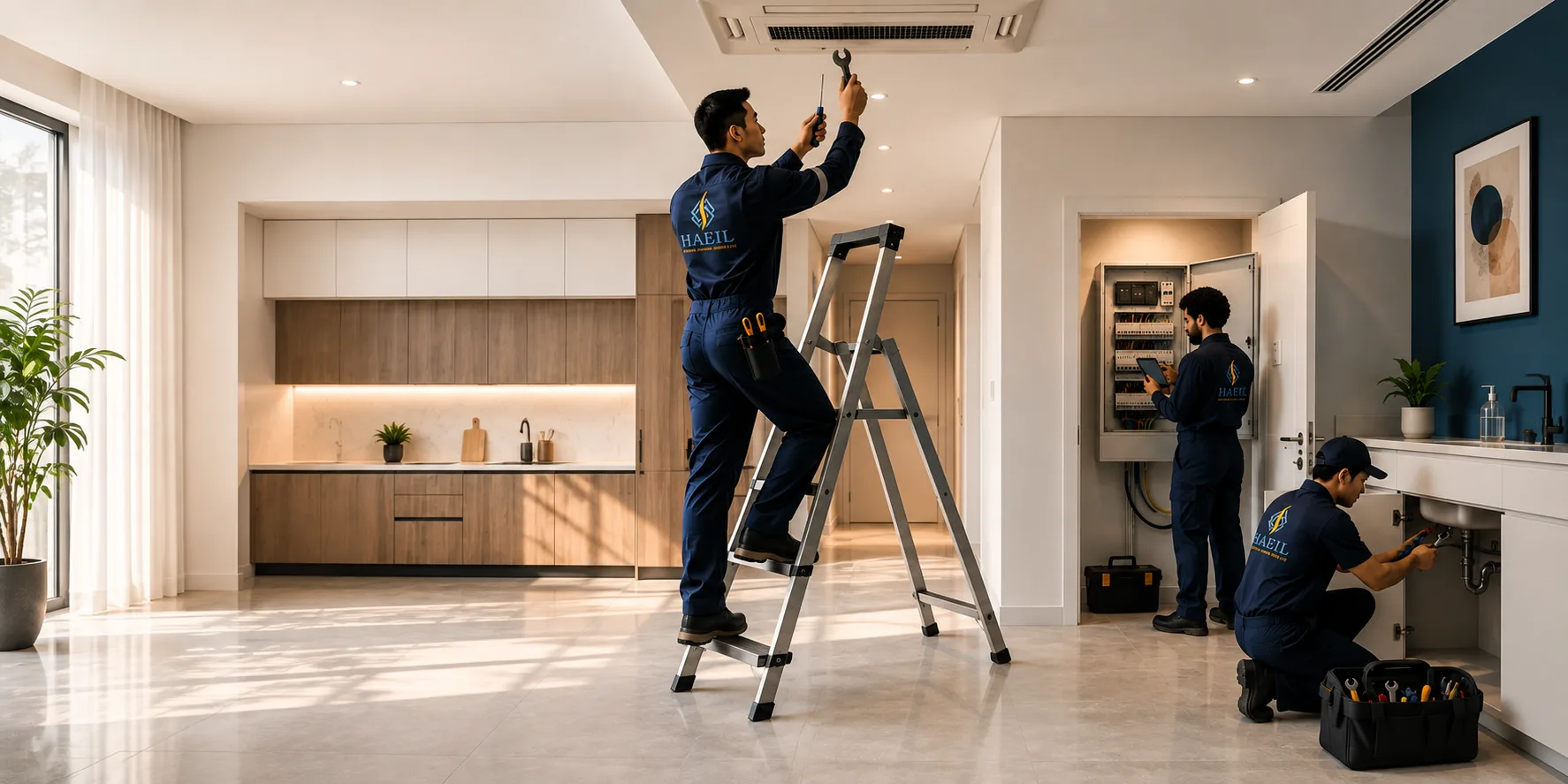 Haeil technicians providing AC, electrical and plumbing services in a Dubai home